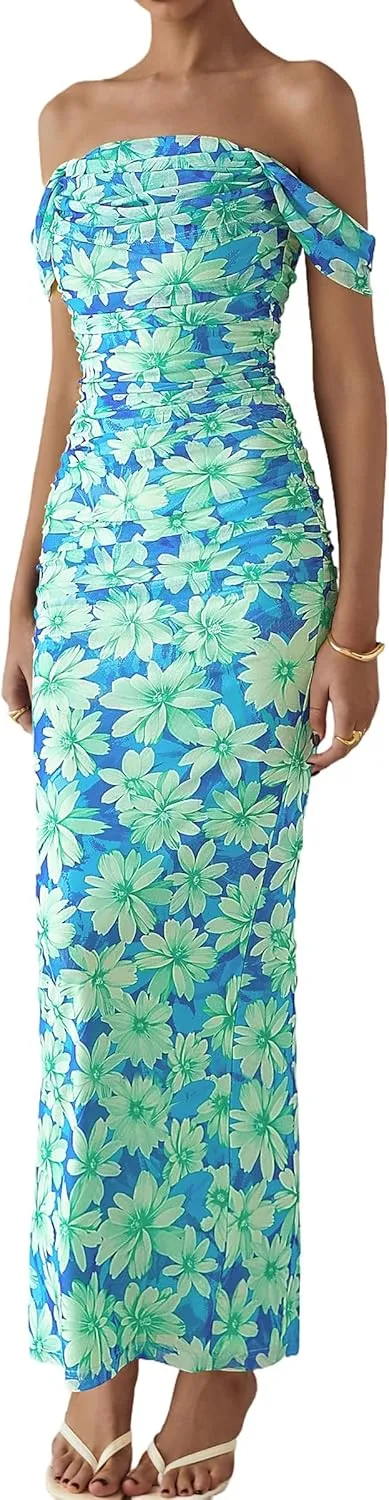 PRETTYGARDEN Women's Floral Maxi Dress 2025 Summer Off Shoulder Mesh Elegant Cocktail Party Ruched Bodycon Dresses