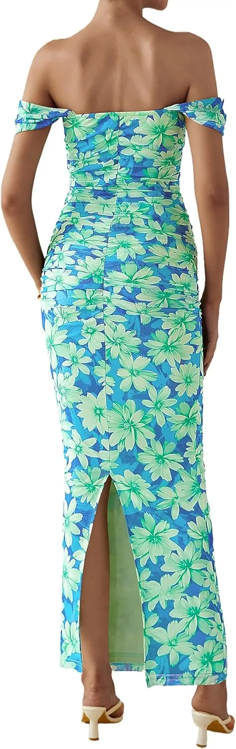 PRETTYGARDEN Women's Floral Maxi Dress 2025 Summer Off Shoulder Mesh Elegant Cocktail Party Ruched Bodycon Dresses