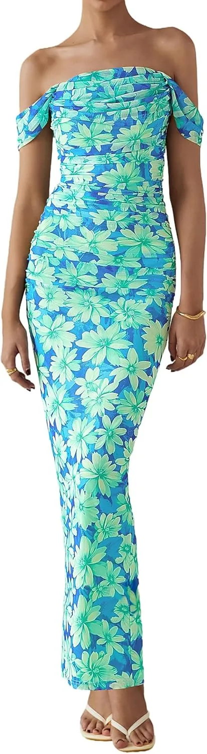 PRETTYGARDEN Women's Floral Maxi Dress 2025 Summer Off Shoulder Mesh Elegant Cocktail Party Ruched Bodycon Dresses