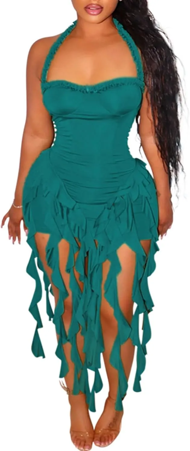 Ptorlio Sexy Women's Mini Halter Dress Birthday Party Club Ruffle Tassel Backless Bodycon Short Dresses