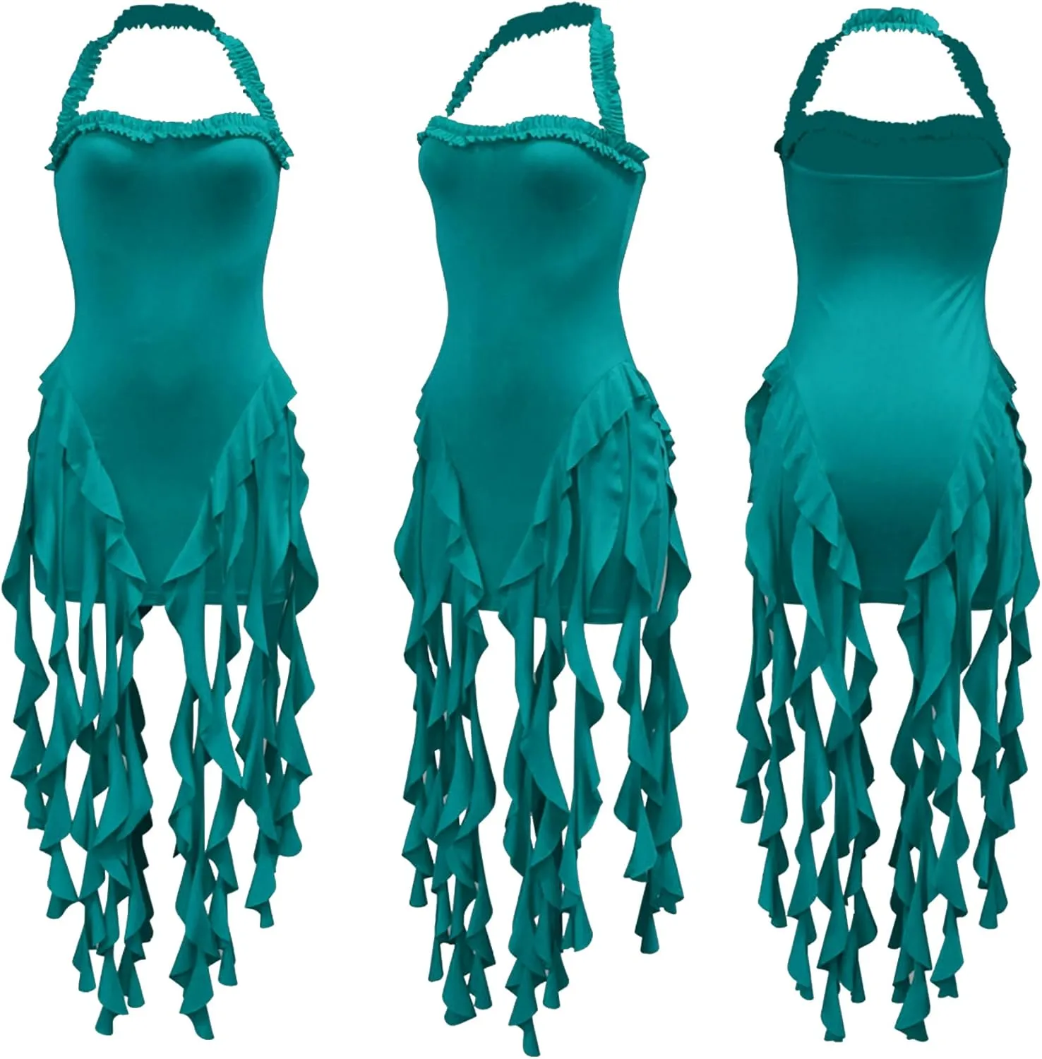 Ptorlio Sexy Women's Mini Halter Dress Birthday Party Club Ruffle Tassel Backless Bodycon Short Dresses