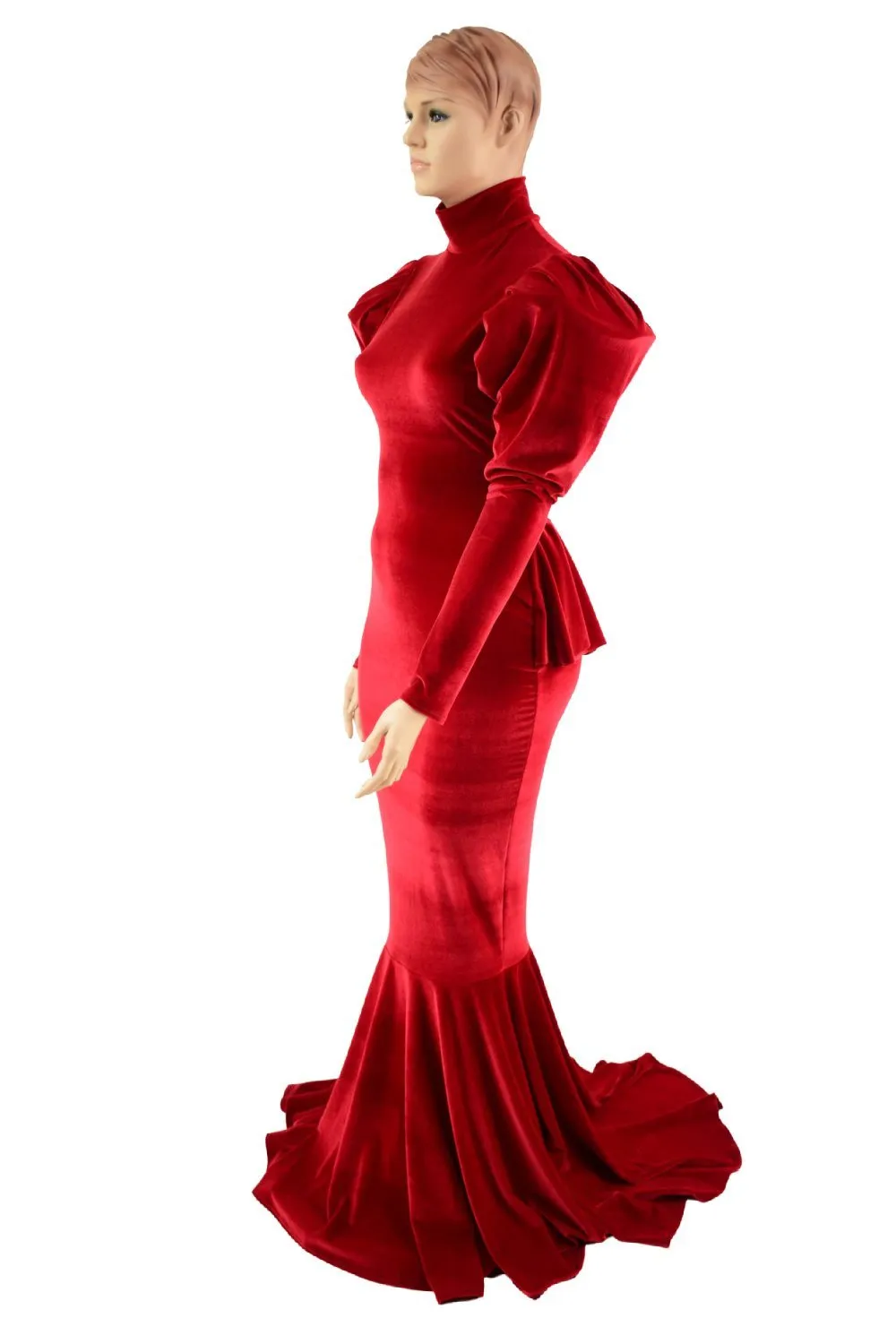 Red Velvet Victoria Sleeve Gown with Ruffle Rump
