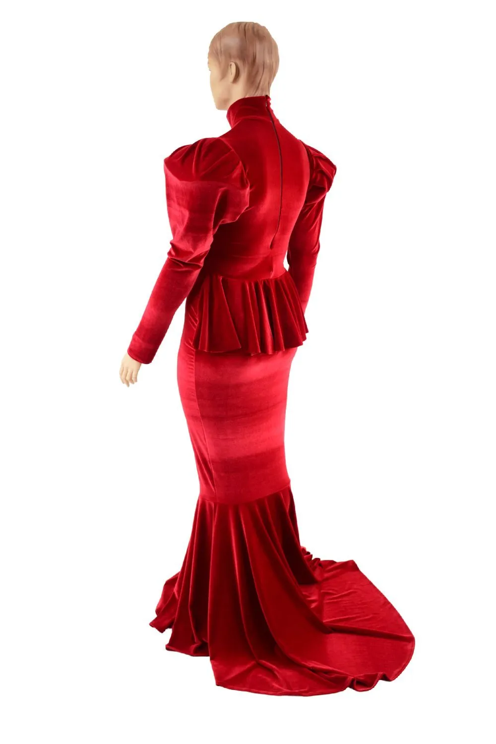 Red Velvet Victoria Sleeve Gown with Ruffle Rump