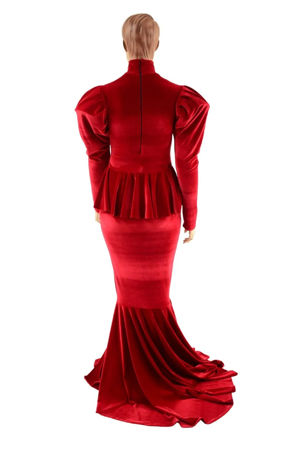 Red Velvet Victoria Sleeve Gown with Ruffle Rump