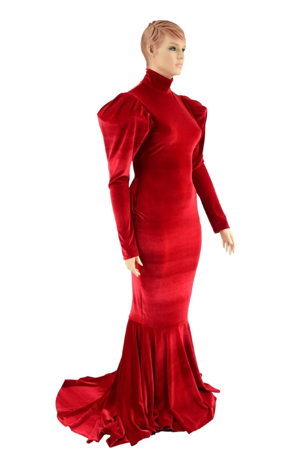 Red Velvet Victoria Sleeve Gown with Ruffle Rump