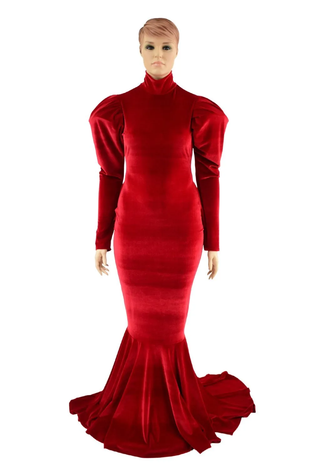 Red Velvet Victoria Sleeve Gown with Ruffle Rump