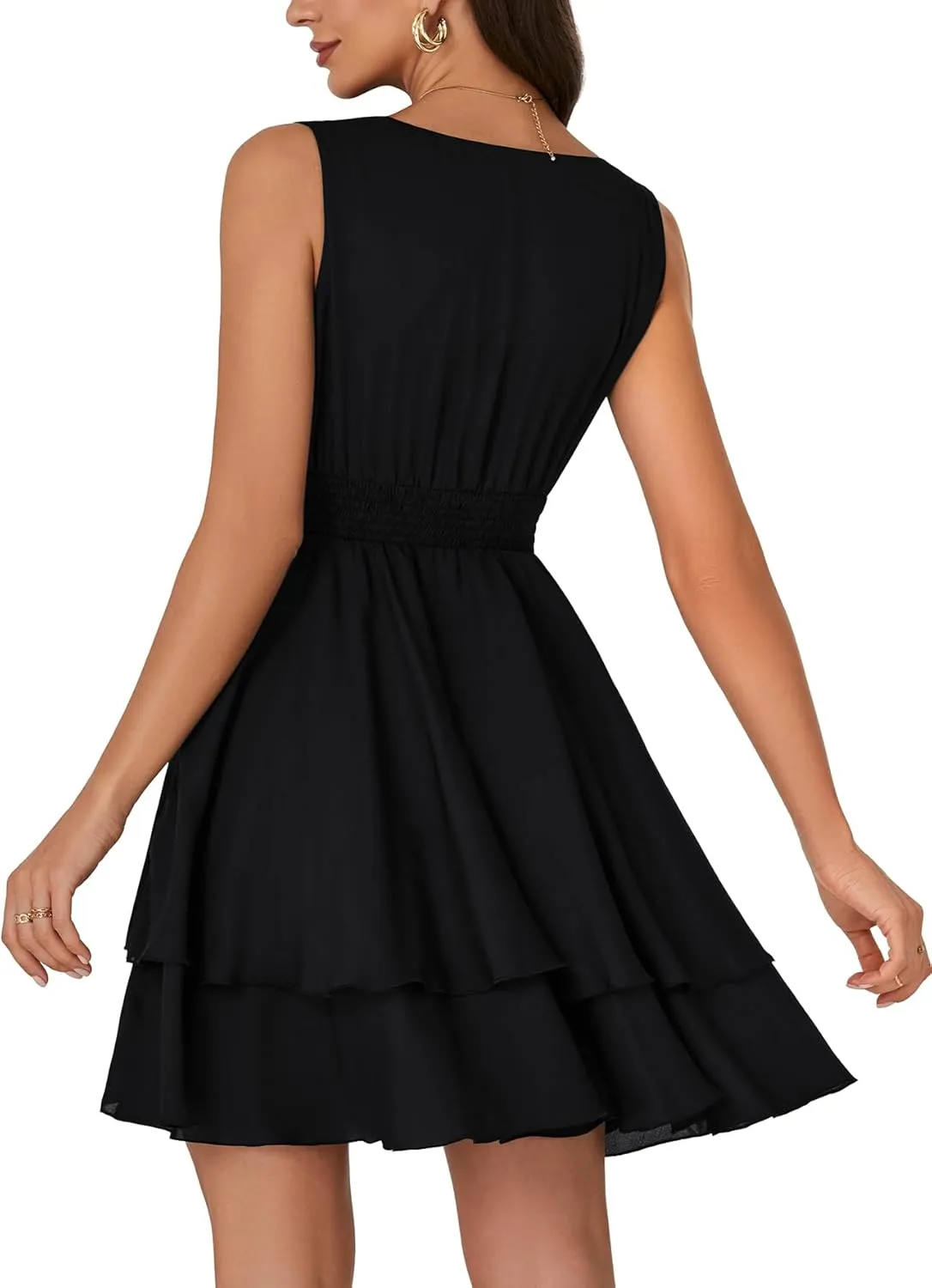 Rooscier Women's Layer Ruffle Flowy Wrap V Neck Casual Dress Sleeveless Smocked Summer Mini Dress