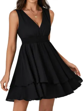 Rooscier Women's Layer Ruffle Flowy Wrap V Neck Casual Dress Sleeveless Smocked Summer Mini Dress