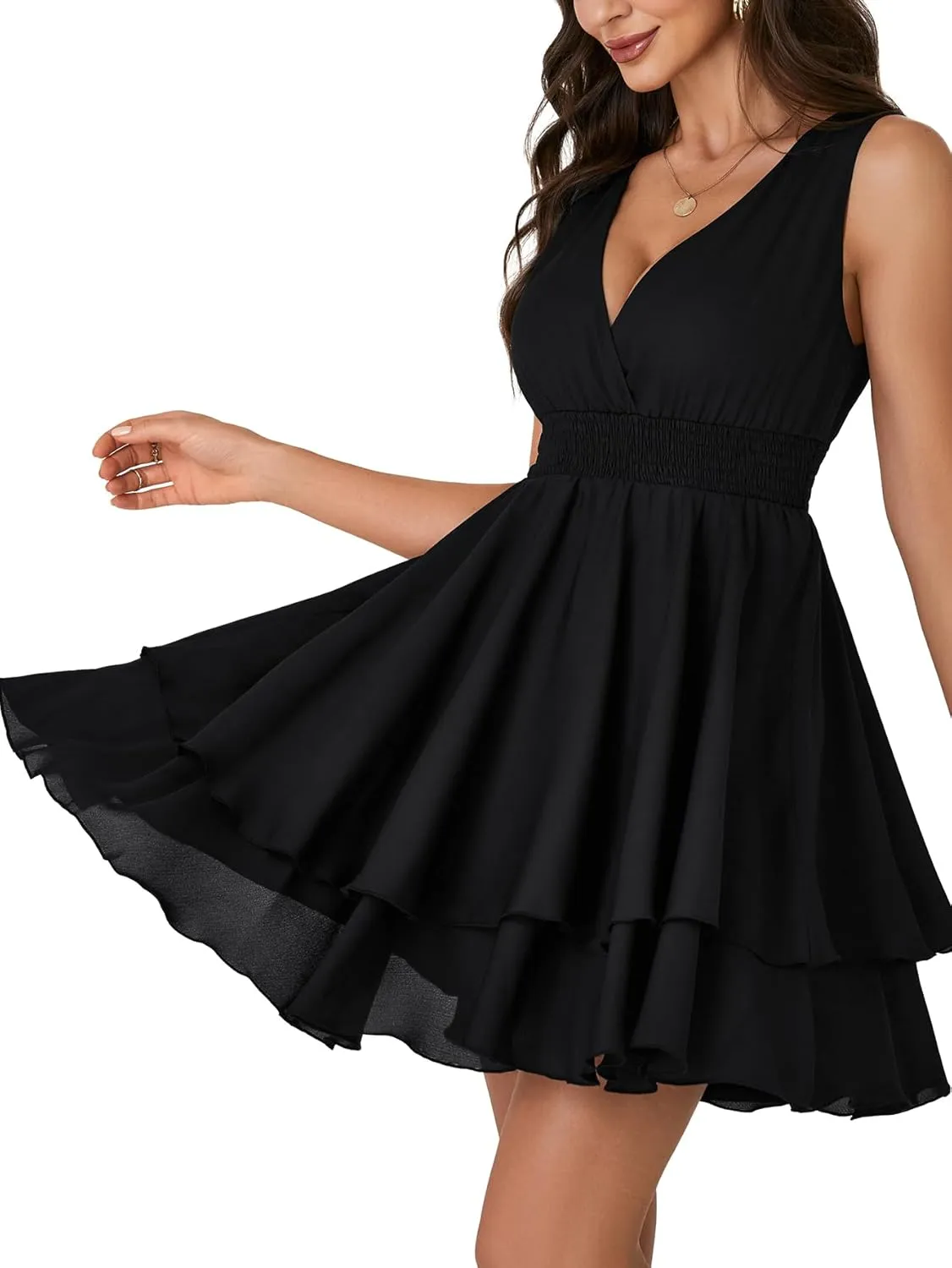 Rooscier Women's Layer Ruffle Flowy Wrap V Neck Casual Dress Sleeveless Smocked Summer Mini Dress