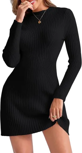 Saodimallsu Womens Long Sleeve Sweater Dress Bodycon Crew Neck 2024 Fall Slimming Knit Mini Dresses