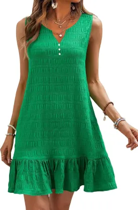 SAUKOLE Womens Sleeveless Tank Dresses Summer V Neck Button Ruffle Hem Sundress Casual Mini Dress with Pockets