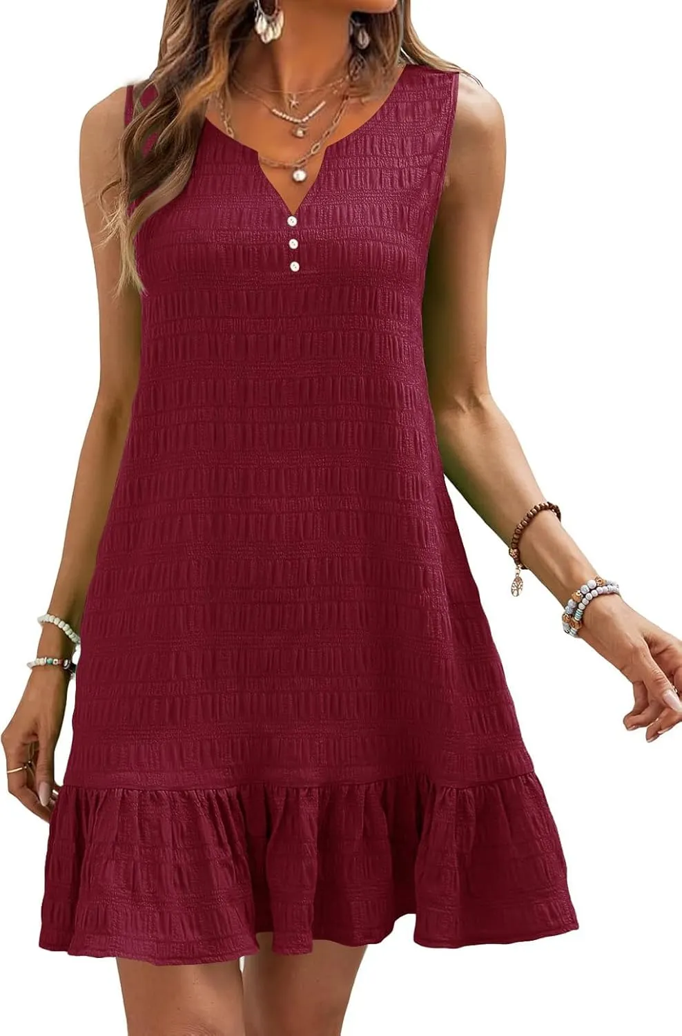 SAUKOLE Womens Sleeveless Tank Dresses Summer V Neck Button Ruffle Hem Sundress Casual Mini Dress with Pockets