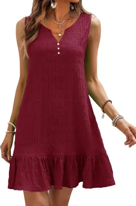 SAUKOLE Womens Sleeveless Tank Dresses Summer V Neck Button Ruffle Hem Sundress Casual Mini Dress with Pockets