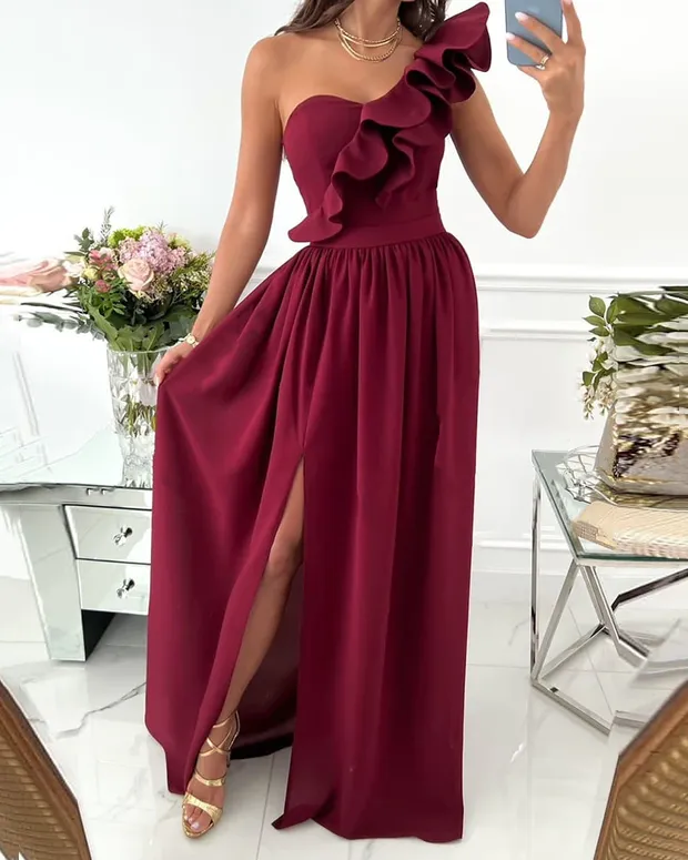 Sleeveless Off-Shoulder Ruffle Hem Slit Dress