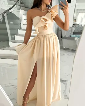 Sleeveless Off-Shoulder Ruffle Hem Slit Dress