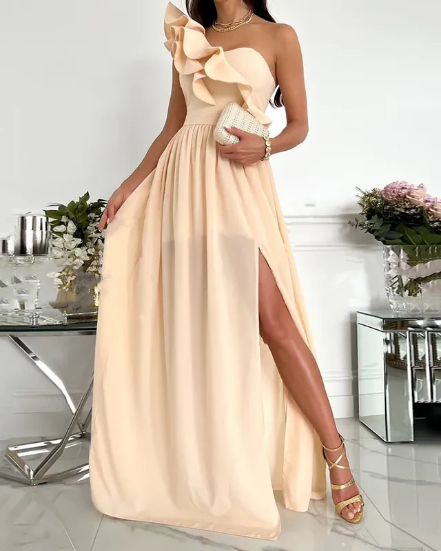 Sleeveless Off-Shoulder Ruffle Hem Slit Dress