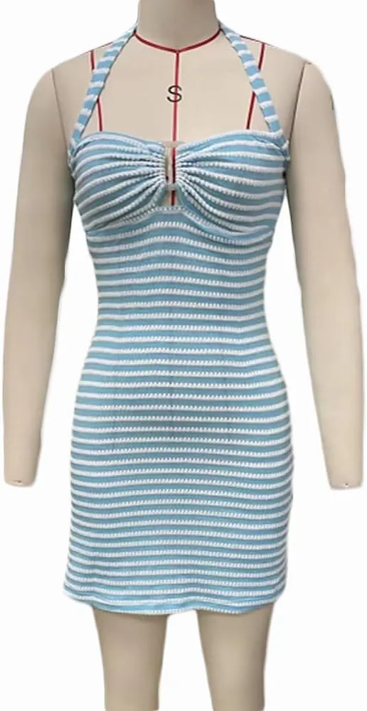 SOLILOQUY Women Y2K Summer Knit Mini Dress Spaghetti Strap Sleeveless Backless Bodycon Party Dress 2025 Beach Vacation Outfit