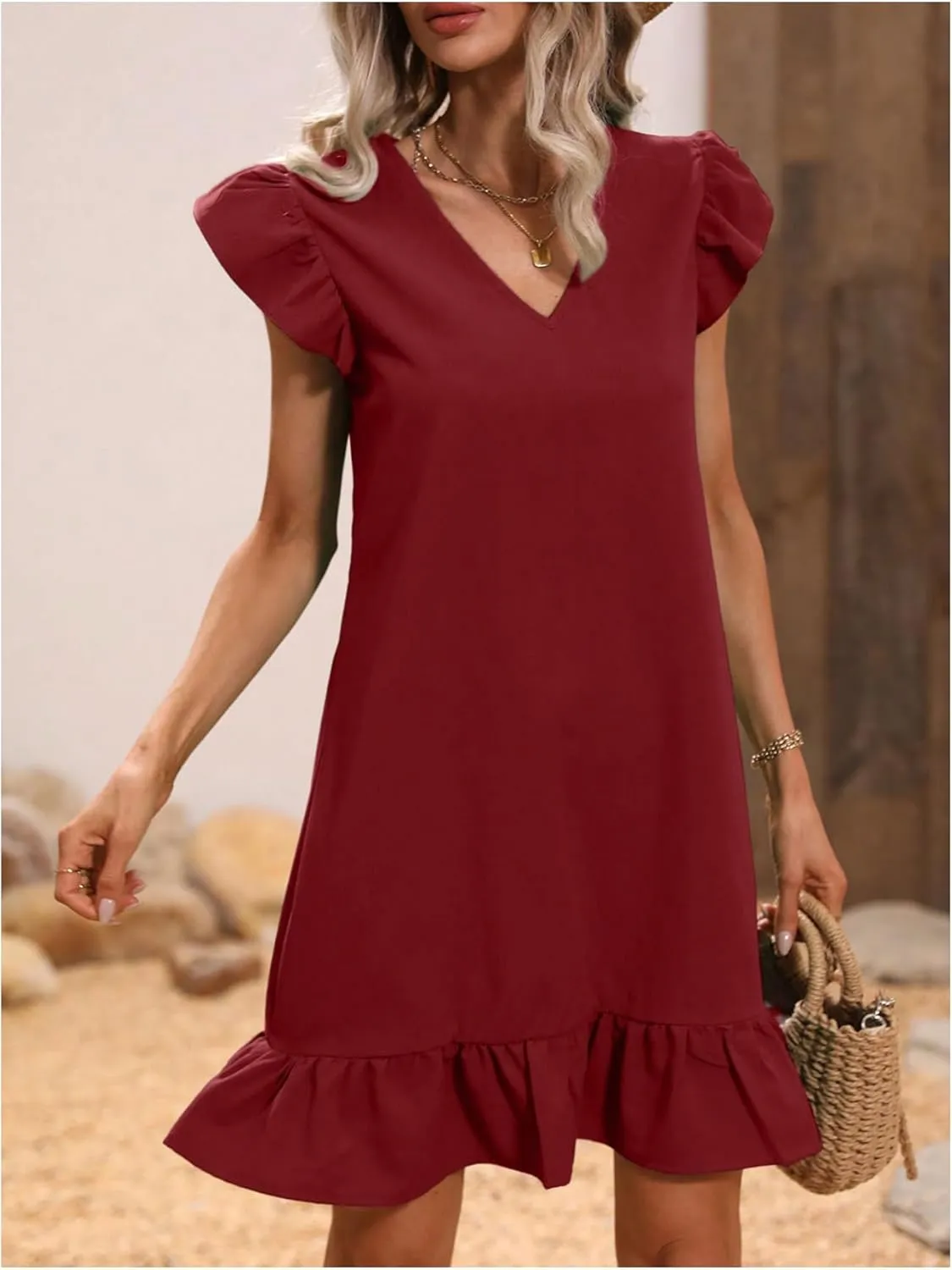 SOLY HUX Summer Dresses for Women V Neck Cap Sleeve Ruffle Hem Smock Short Dress
