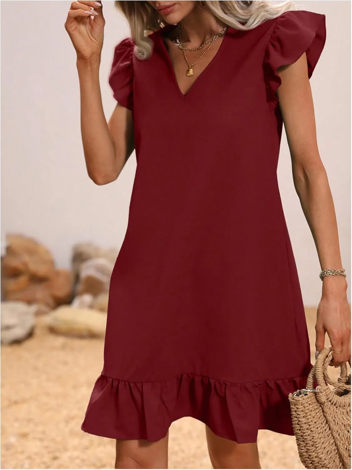 SOLY HUX Summer Dresses for Women V Neck Cap Sleeve Ruffle Hem Smock Short Dress