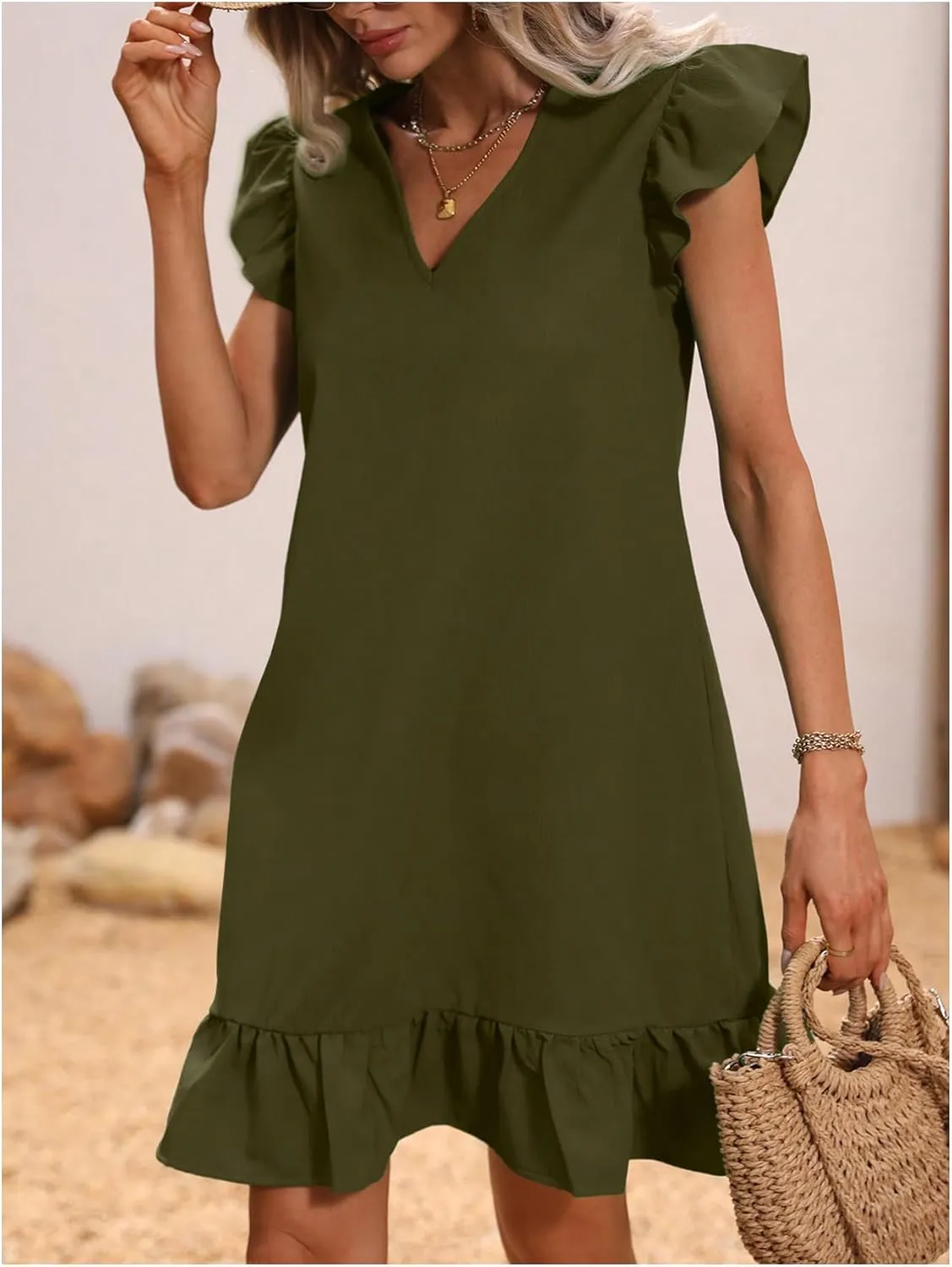 SOLY HUX Summer Dresses for Women V Neck Cap Sleeve Ruffle Hem Smock Short Dress