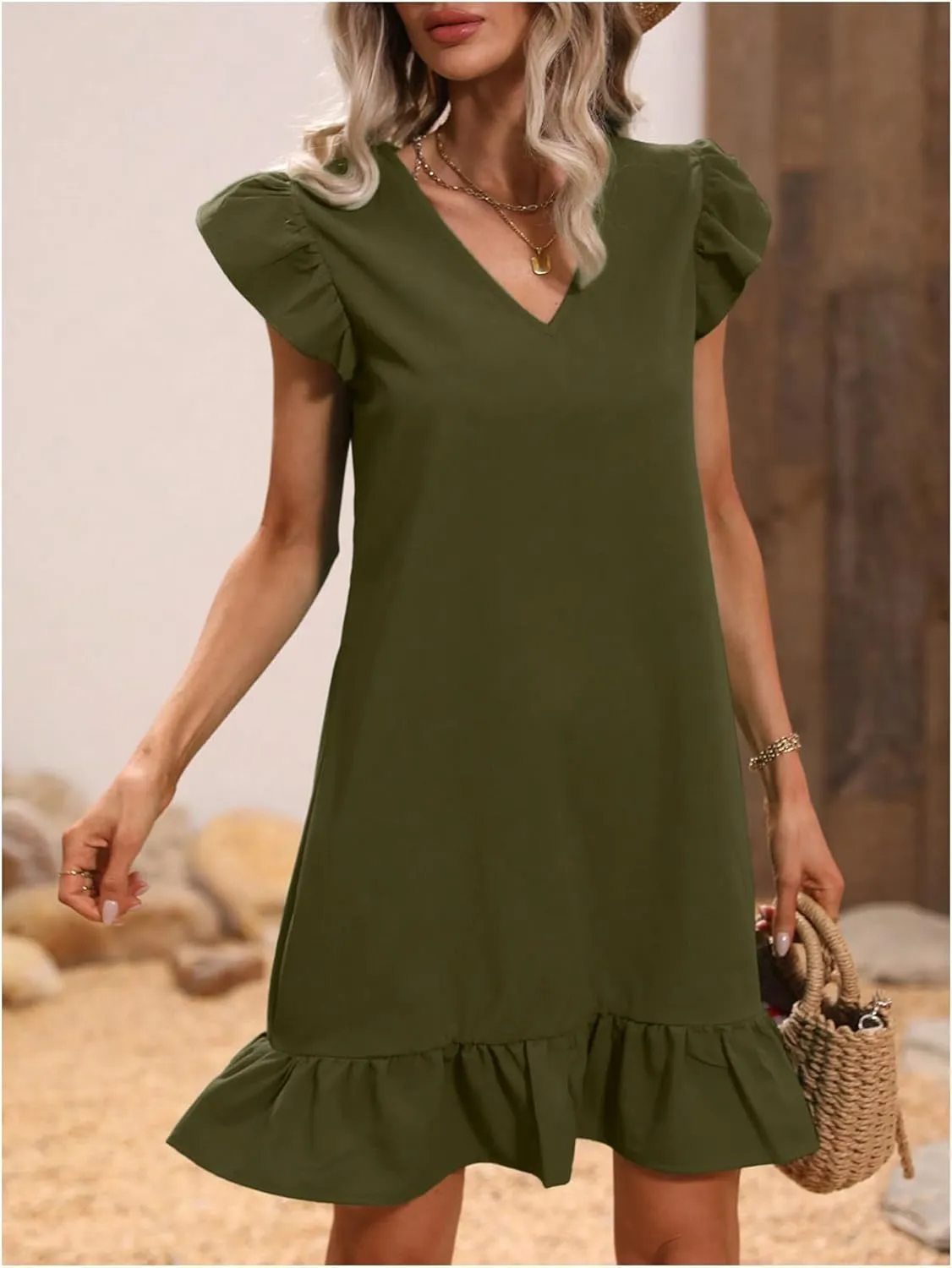 SOLY HUX Summer Dresses for Women V Neck Cap Sleeve Ruffle Hem Smock Short Dress