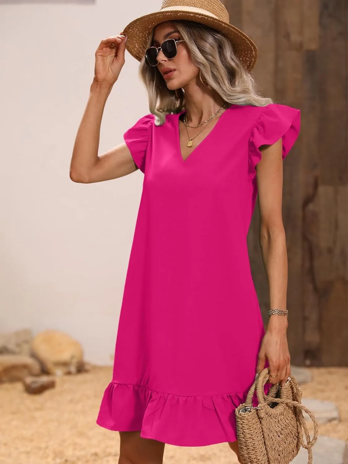 SOLY HUX Summer Dresses for Women V Neck Cap Sleeve Ruffle Hem Smock Short Dress