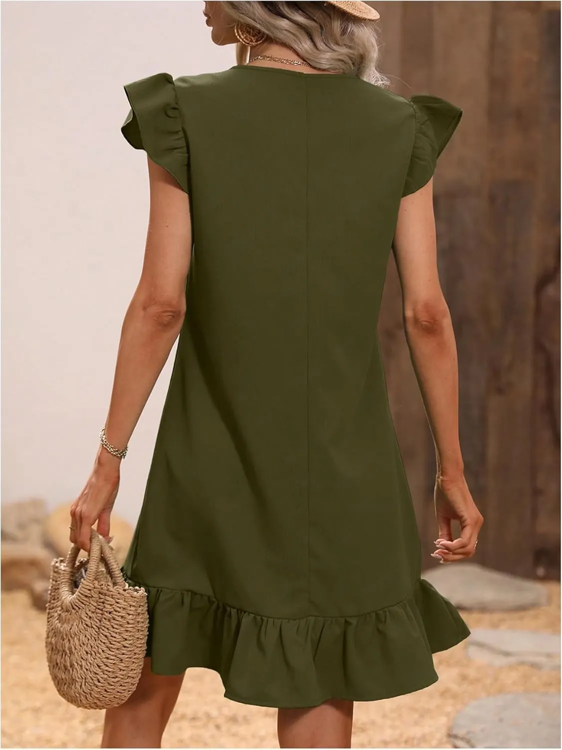 SOLY HUX Summer Dresses for Women V Neck Cap Sleeve Ruffle Hem Smock Short Dress