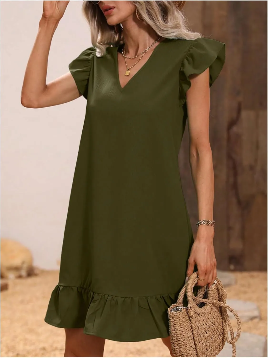 SOLY HUX Summer Dresses for Women V Neck Cap Sleeve Ruffle Hem Smock Short Dress