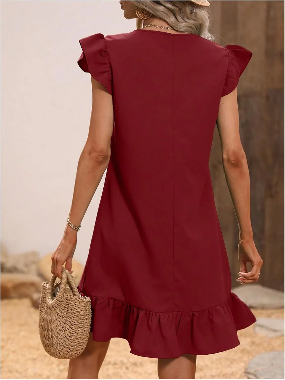 SOLY HUX Summer Dresses for Women V Neck Cap Sleeve Ruffle Hem Smock Short Dress