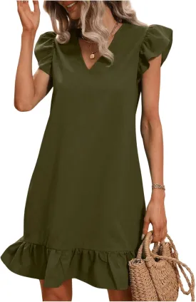 SOLY HUX Summer Dresses for Women V Neck Cap Sleeve Ruffle Hem Smock Short Dress