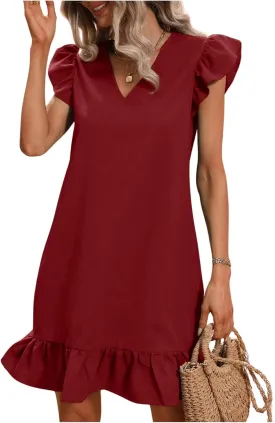 SOLY HUX Summer Dresses for Women V Neck Cap Sleeve Ruffle Hem Smock Short Dress