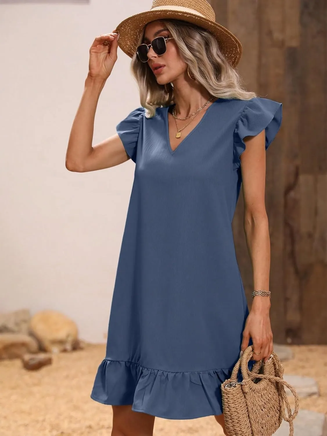 SOLY HUX Summer Dresses for Women V Neck Cap Sleeve Ruffle Hem Smock Short Dress
