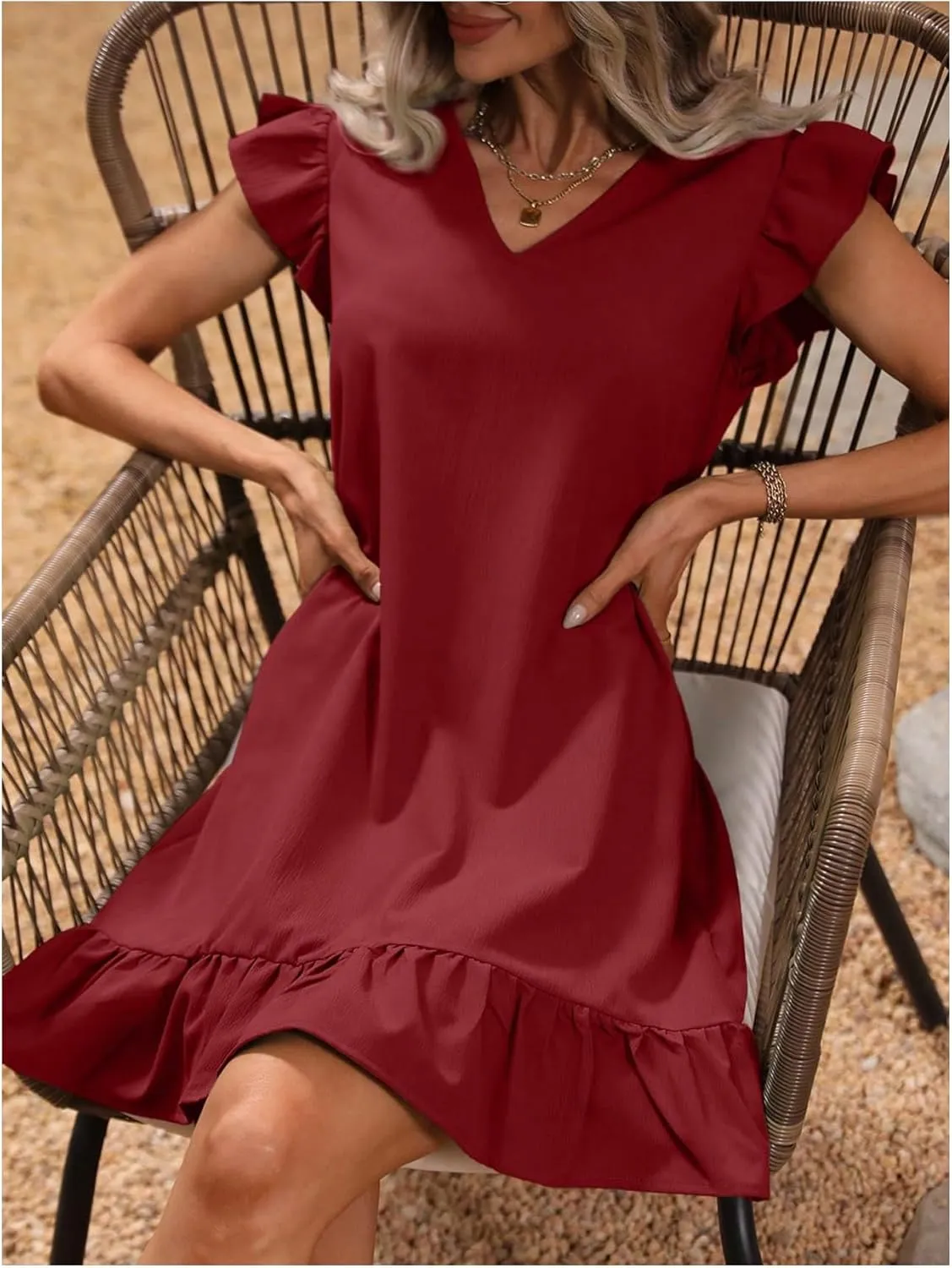 SOLY HUX Summer Dresses for Women V Neck Cap Sleeve Ruffle Hem Smock Short Dress