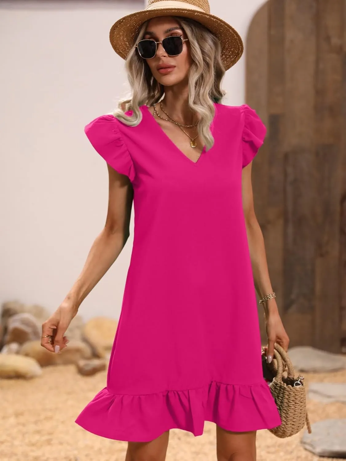 SOLY HUX Summer Dresses for Women V Neck Cap Sleeve Ruffle Hem Smock Short Dress