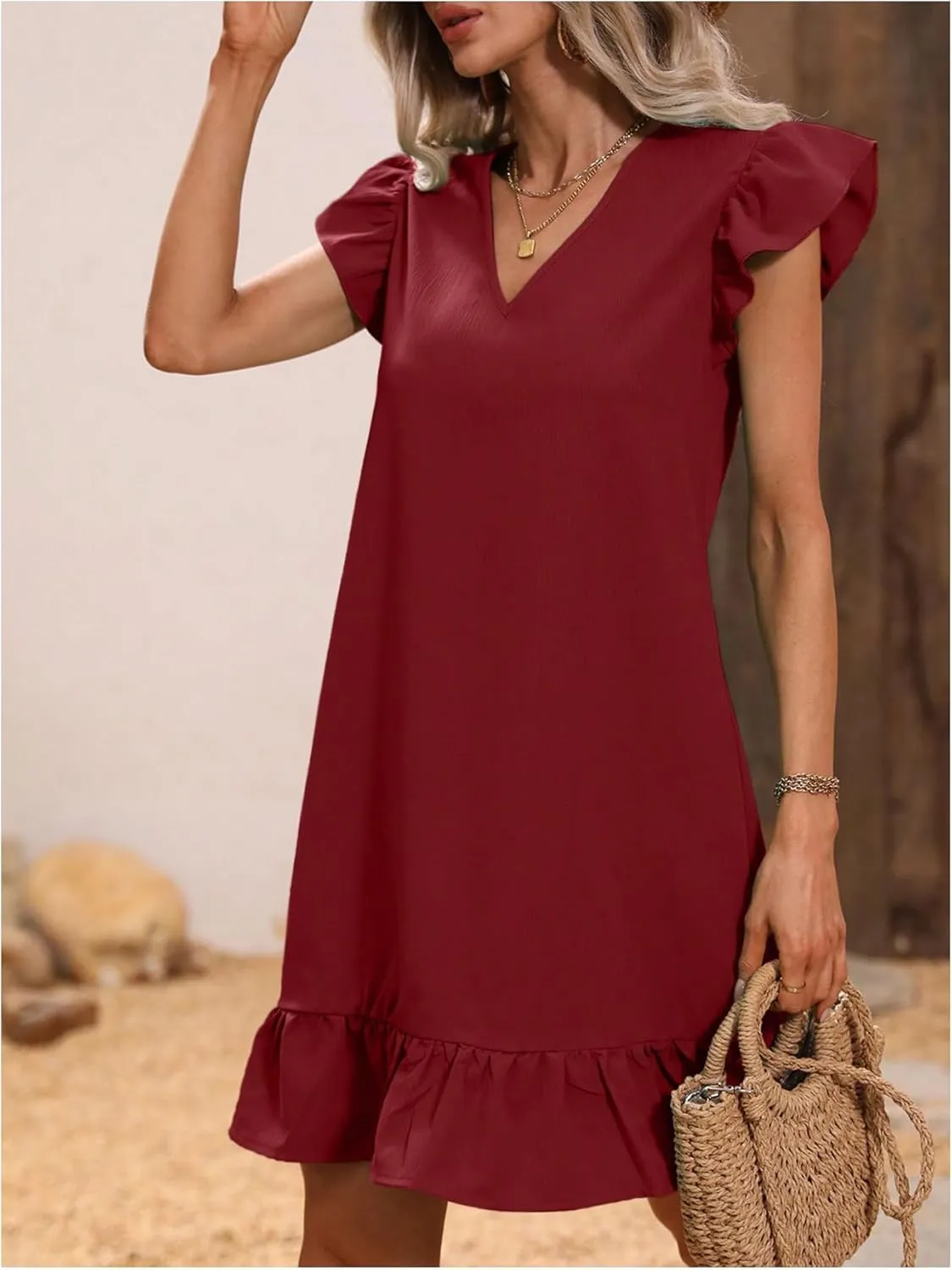 SOLY HUX Summer Dresses for Women V Neck Cap Sleeve Ruffle Hem Smock Short Dress