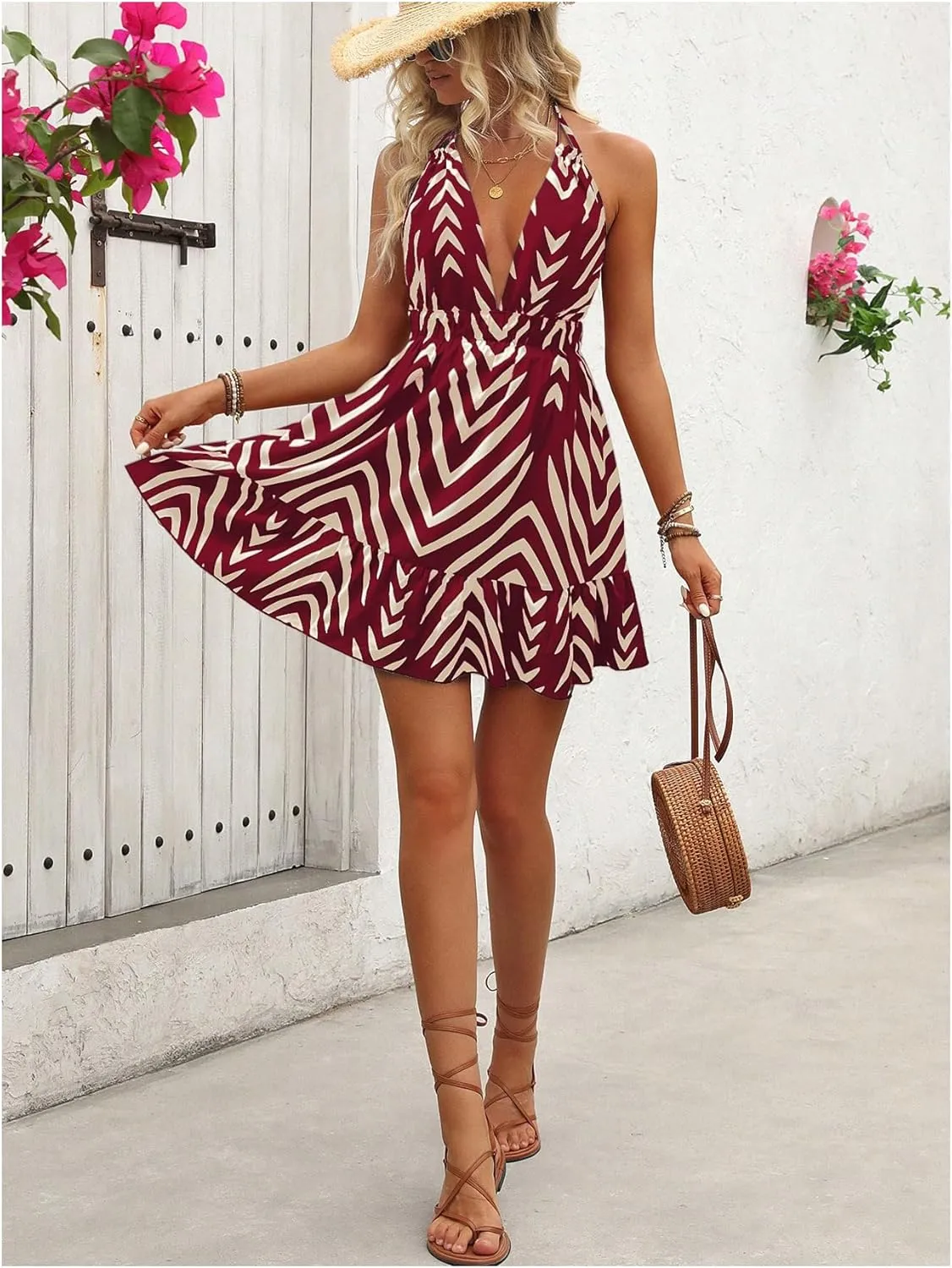 SOLY HUX Women's Allover Print Summer Dress Halter Deep V Neck Ruffle Hem Short Dresses