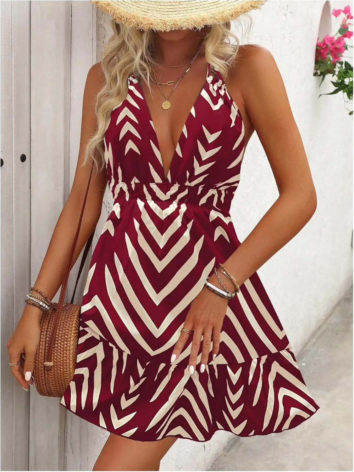 SOLY HUX Women's Allover Print Summer Dress Halter Deep V Neck Ruffle Hem Short Dresses