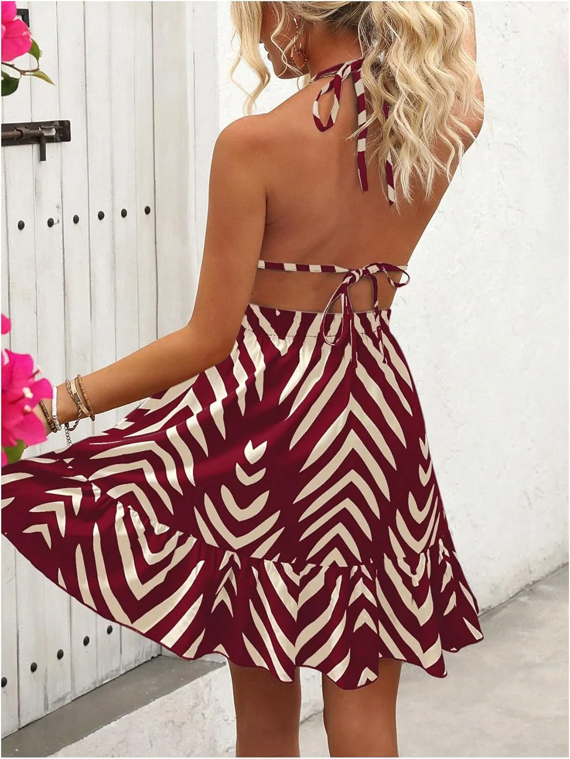 SOLY HUX Women's Allover Print Summer Dress Halter Deep V Neck Ruffle Hem Short Dresses