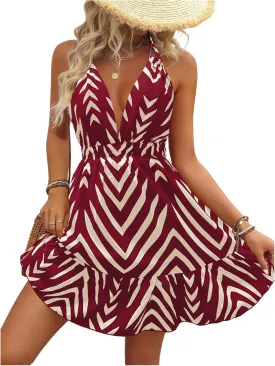 SOLY HUX Women's Allover Print Summer Dress Halter Deep V Neck Ruffle Hem Short Dresses