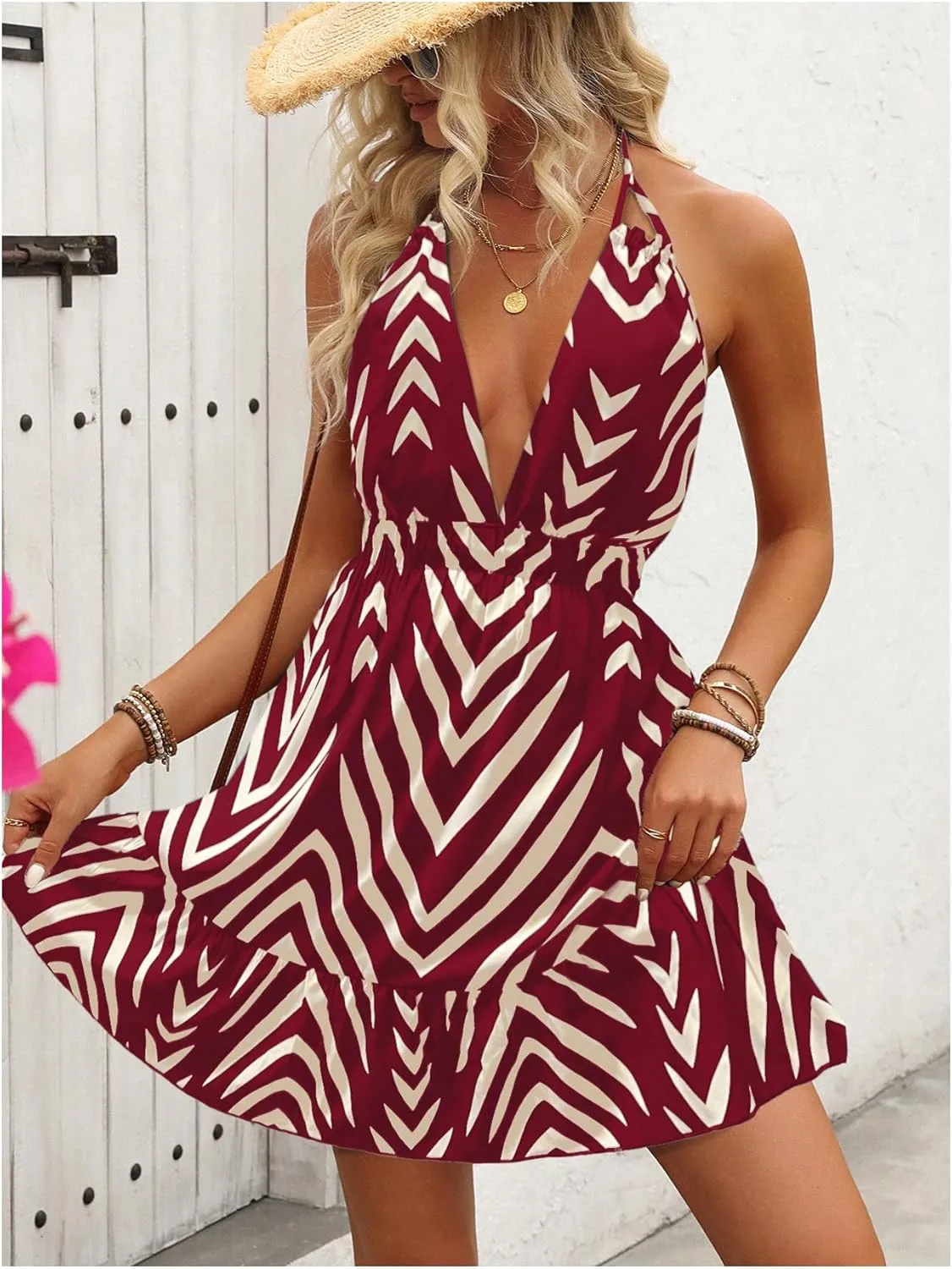 SOLY HUX Women's Allover Print Summer Dress Halter Deep V Neck Ruffle Hem Short Dresses