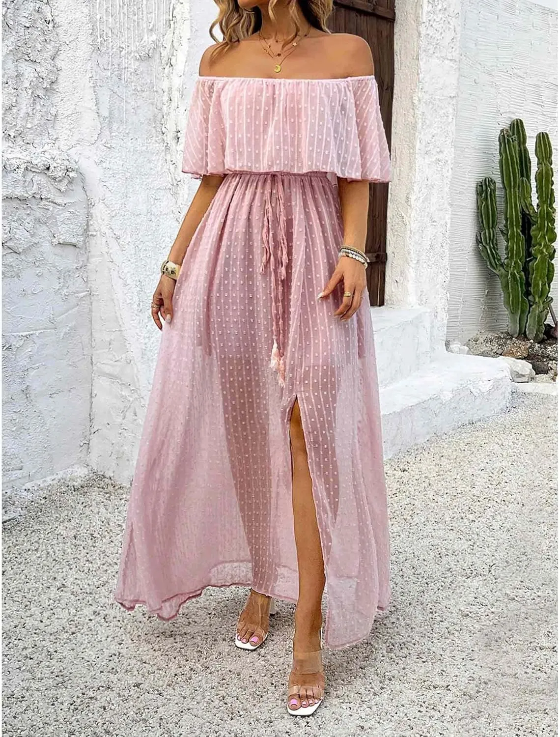SOMTHRON Women's Boho Off Shoulder Maxi Dress Swiss Dot Ruffle Side Slit A Line Flowy Beach Vacation Long Sundress