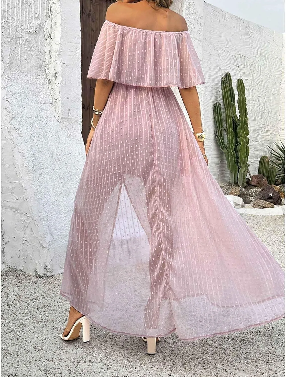 SOMTHRON Women's Boho Off Shoulder Maxi Dress Swiss Dot Ruffle Side Slit A Line Flowy Beach Vacation Long Sundress