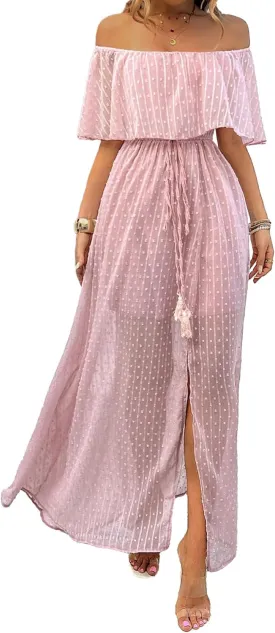 SOMTHRON Women's Boho Off Shoulder Maxi Dress Swiss Dot Ruffle Side Slit A Line Flowy Beach Vacation Long Sundress