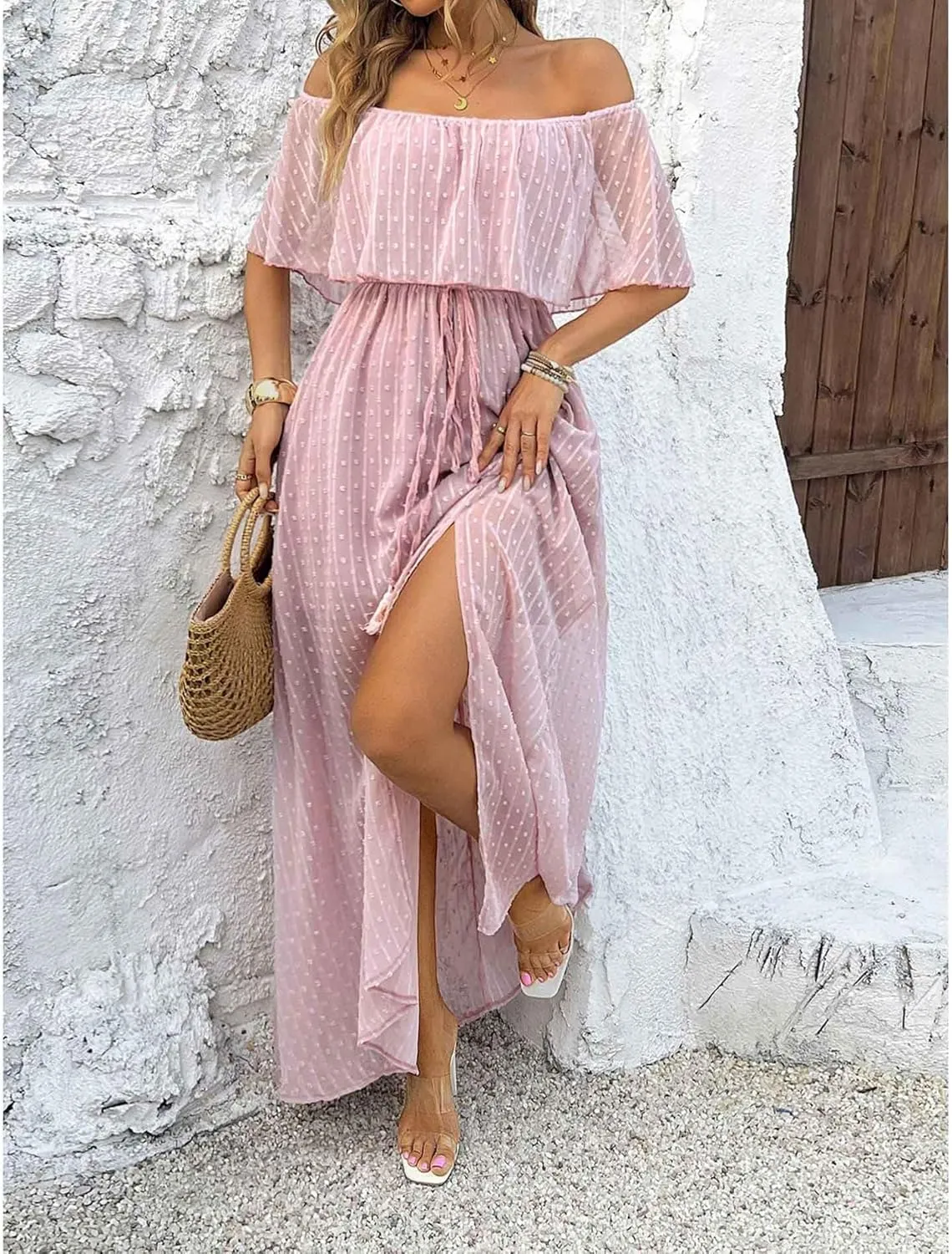 SOMTHRON Women's Boho Off Shoulder Maxi Dress Swiss Dot Ruffle Side Slit A Line Flowy Beach Vacation Long Sundress