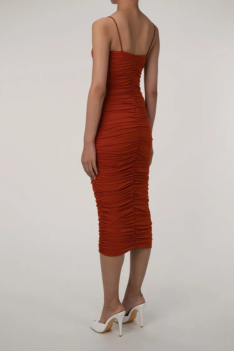 Sweetheart Neck Ruched Midi Cocktail Party Dress - Rust