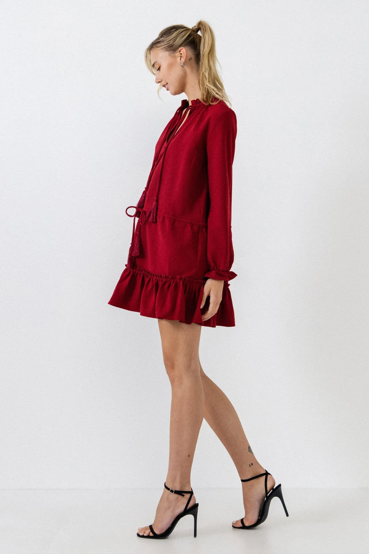 Tassel Trim Dress With Ruffle At Hem