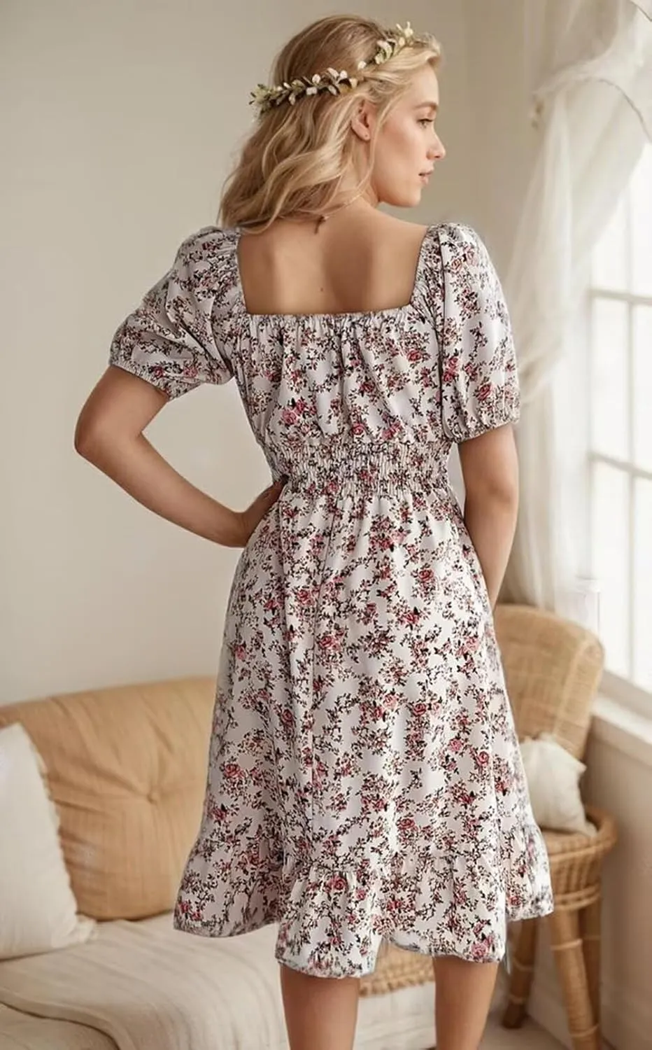 VKEGNIO Square Neck Ruffle Hem Dress for Women Cute Short Puff Sleeve Dresses Casual Ruffle Shirred Flowy Party Mini Dress
