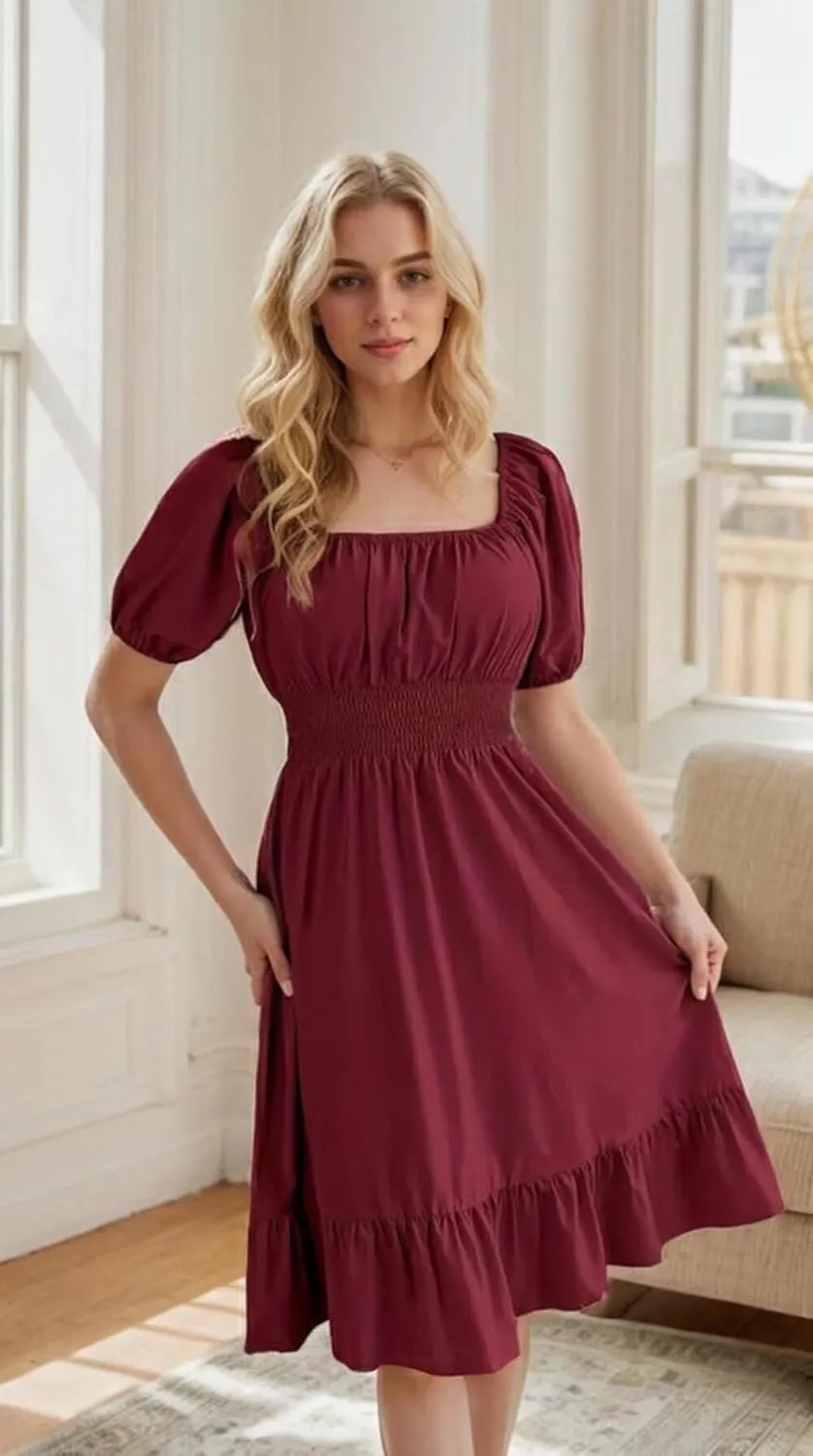 VKEGNIO Square Neck Ruffle Hem Dress for Women Cute Short Puff Sleeve Dresses Casual Ruffle Shirred Flowy Party Mini Dress