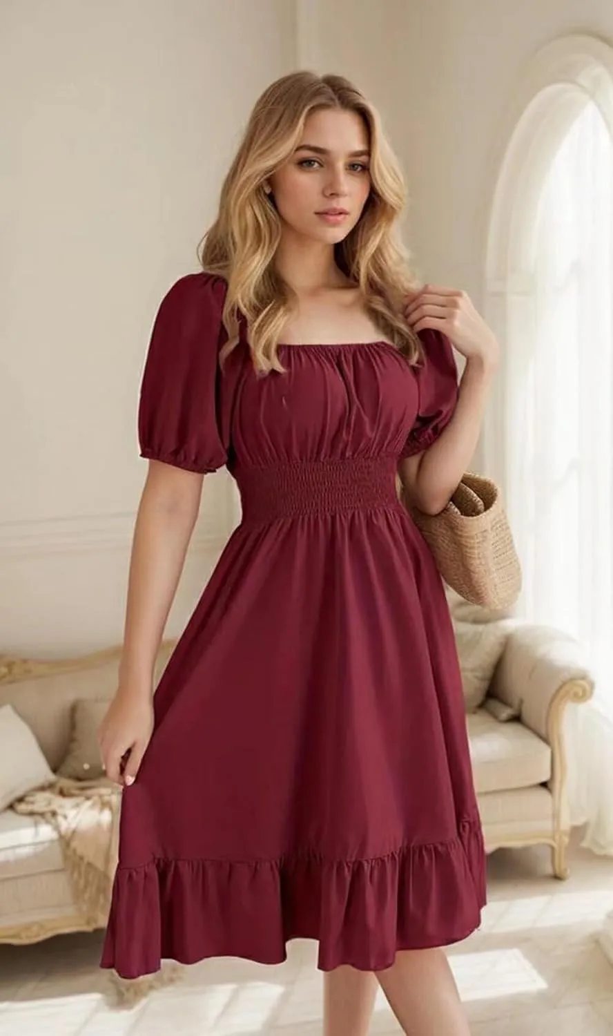 VKEGNIO Square Neck Ruffle Hem Dress for Women Cute Short Puff Sleeve Dresses Casual Ruffle Shirred Flowy Party Mini Dress