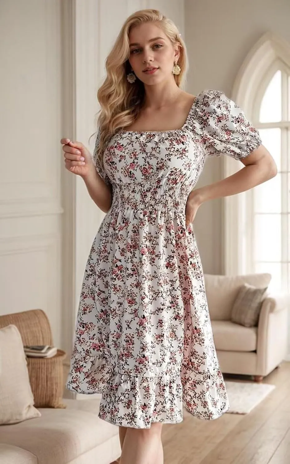 VKEGNIO Square Neck Ruffle Hem Dress for Women Cute Short Puff Sleeve Dresses Casual Ruffle Shirred Flowy Party Mini Dress
